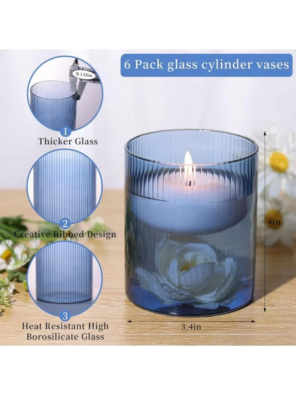 Set of 6 Clear Ribbed Glass Vases for Weddings, Home Decor & Centerpieces